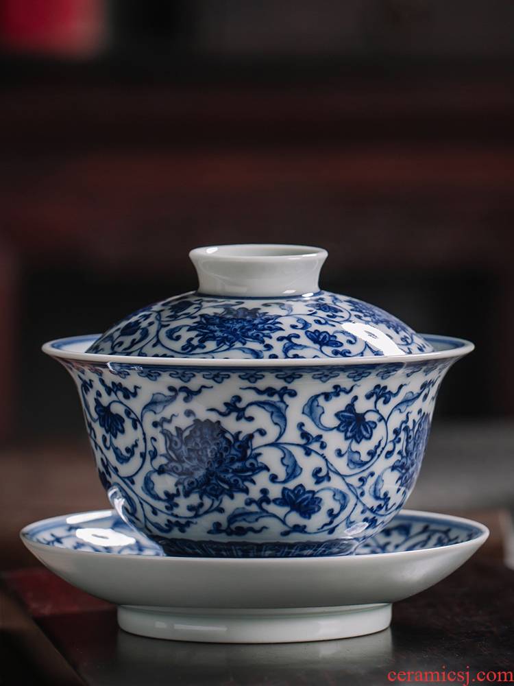 Only three tureen jingdezhen tea set manually ceramic cups hand - made painting of the blue and white lotus flower bowl with single firewood