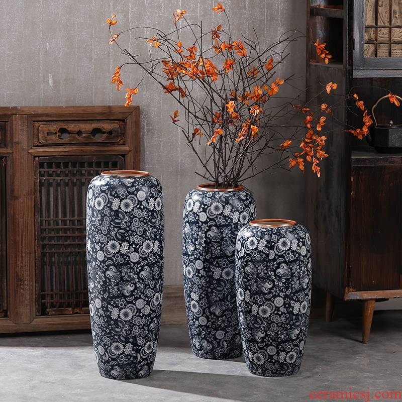 Vintage blue and white are dried flowers sitting room ground large ceramic vase Chinese old Chinese zen nostalgic wind furnishing articles
