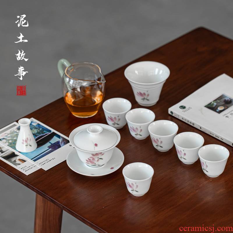 Jingdezhen hand - made violet tureen suit white porcelain teacup set three bowl of kung fu tea service item of household gift box