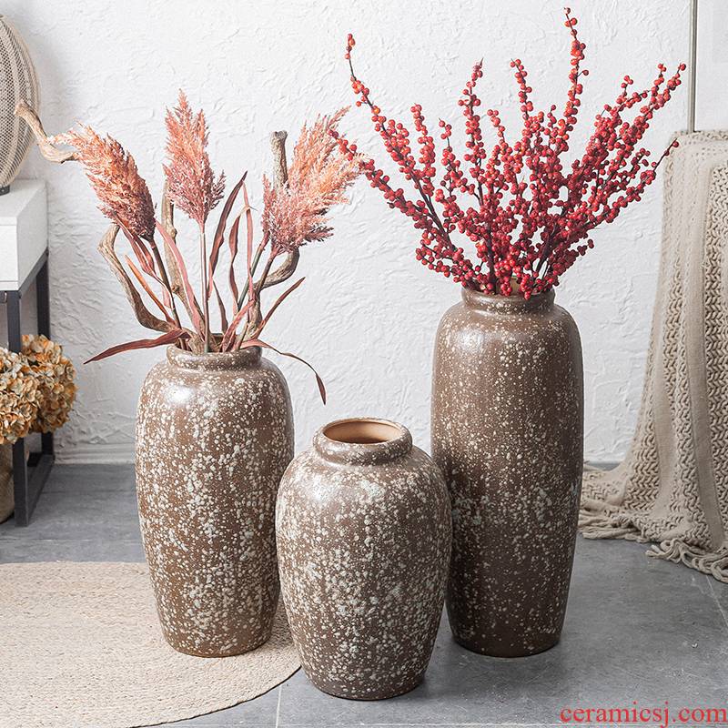 Jingdezhen manual coarse pottery restoring ancient ways of large sitting room dry flower POTS decoration vase simulation flower art furnishing articles