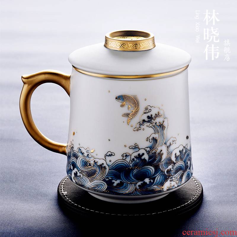 Dehua suet jade white porcelain cup tea cup with cover filter ceramic cup office high - grade masters cup