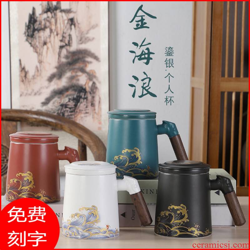 Ceramic keller with cover handle silver cup 999 sterling silver cup portable office make tea cup tea separation