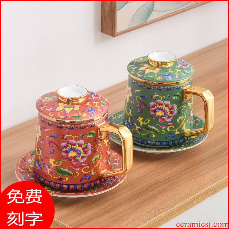 Jingdezhen colored enamel porcelain cups with cover glass tea cup male ms office filtering cup tea separation