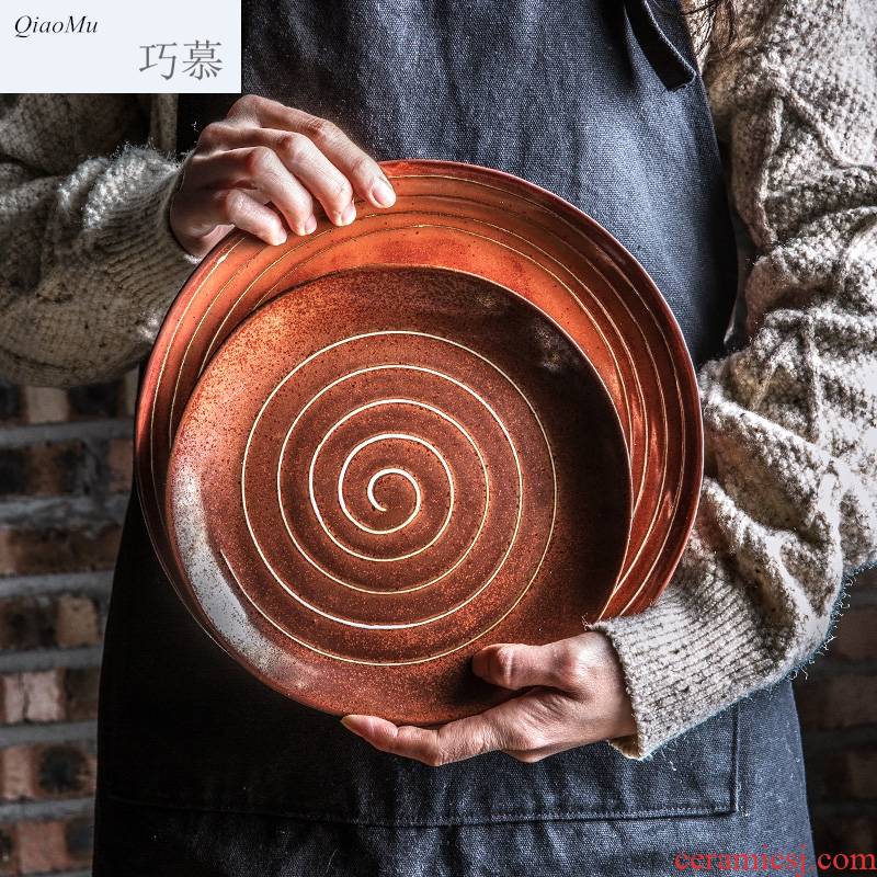 Qiam qiao mu okra vintage Japanese ceramics tableware creative household food dish plate disc flavor dish bowl