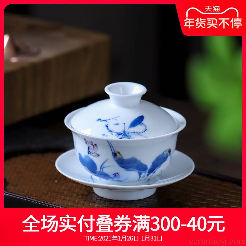 Hand - made ceramic tureen jingdezhen blue and white porcelain cups three bowl of hot white porcelain Hand not only catch a bowl of tea
