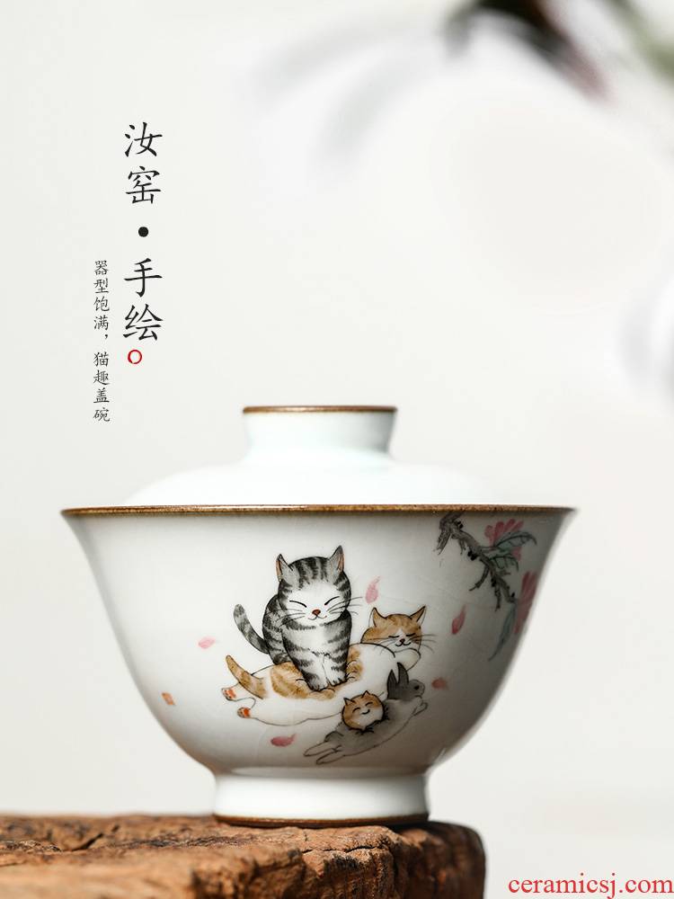 Kunfu tea tureen single hot jingdezhen tea set your up proof hand - made the cat thickening checking tea bowl of tea cups