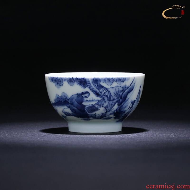Jingdezhen blue and white SongYin and auspicious day of kung fu master cup cup of pure manual single CPU hand - made teacup