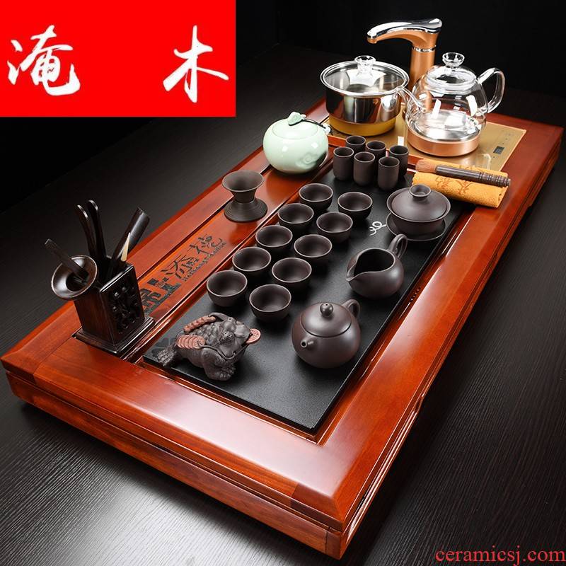Submerged wood four unity of electric heating furnace of a complete set of automatic hua limu tea tray household kung fu tea sets ceramic tea set