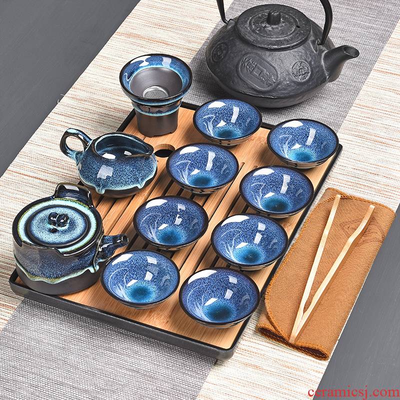 Construction of a complete set of lamp up ceramic temmoku droplets blue amber glaze sample tea cup cup teapot kung fu tea set home