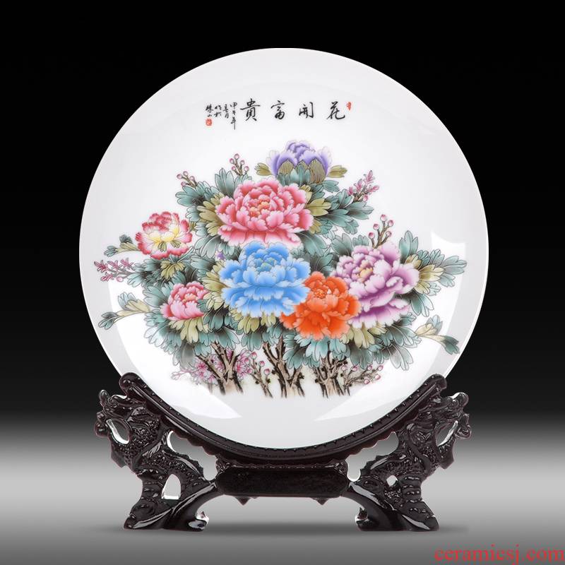 Jingdezhen ceramics sits hang dish plate blooming flowers sitting room decoration plate of new Chinese style adornment desktop furnishing articles