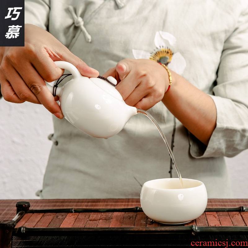 Qiao mu brand dehua white porcelain jade China kung fu tea set a pot of two cups of ceramic household restoring ancient ways to travel