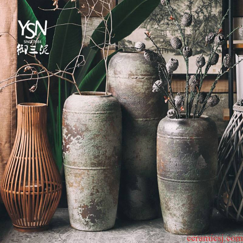 Royal three coarse pottery mud retro zen ceramic floor furnishing articles pottery vases, flower arranging dried flowers to decorate the sitting room, study