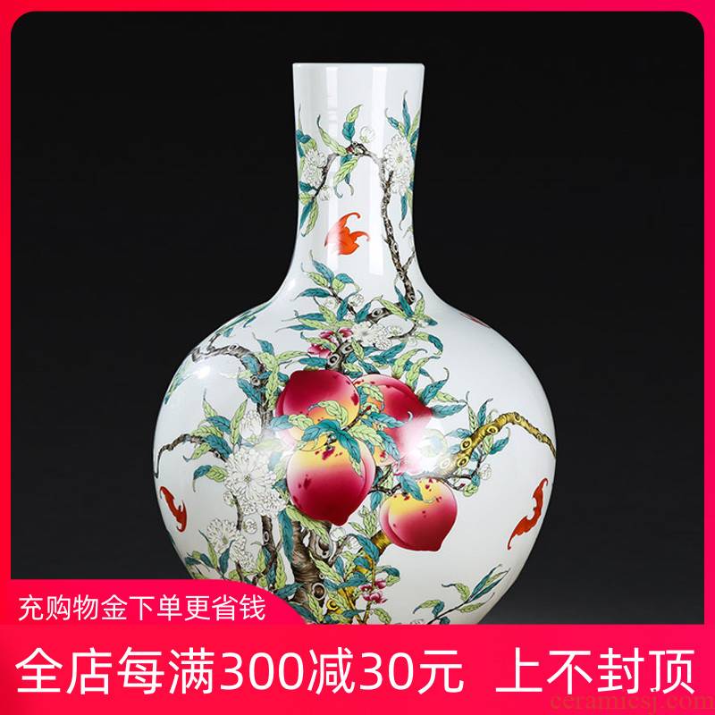 Jingdezhen ceramic antique peach ground vase Chinese rich ancient frame decorative porcelain furnishing articles large living room