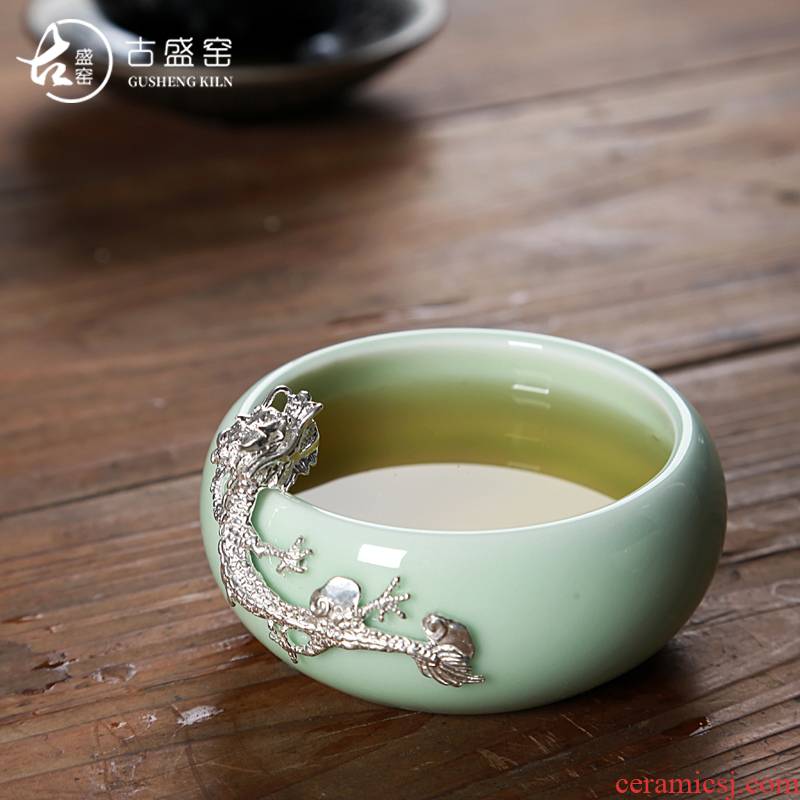 The ancient bowl new up celadon tea tea set, ceramic Mosaic silver, silver dragon sample tea cup tea cup personal master CPU