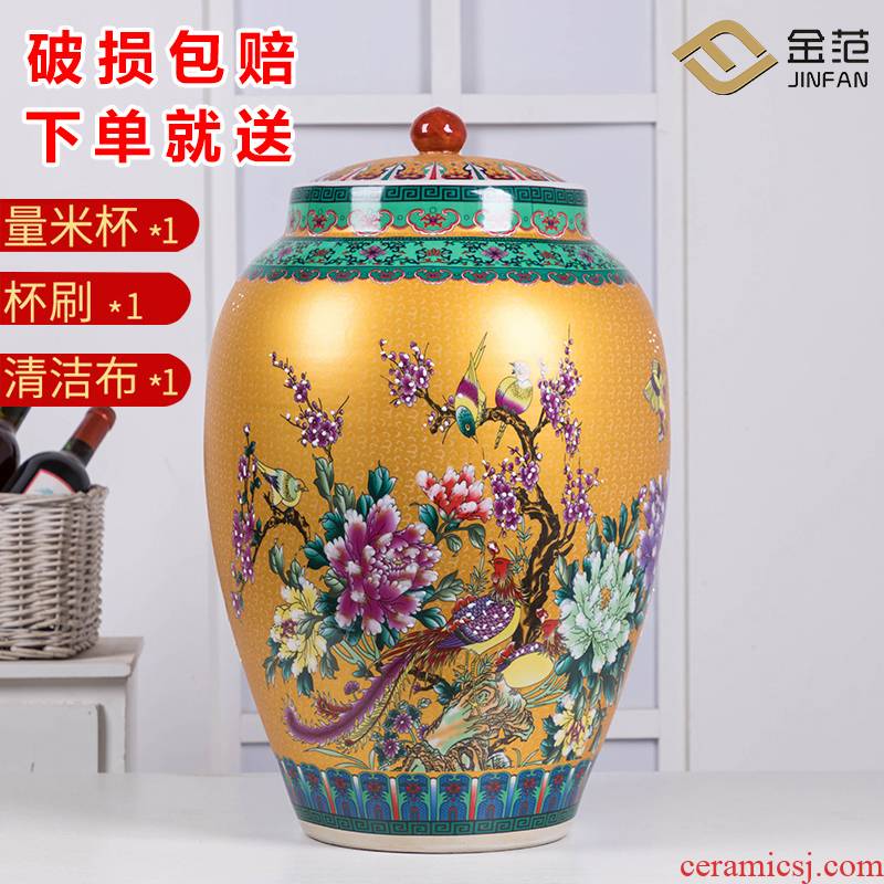 Jingdezhen household moistureproof ceramic cylinder barrel ricer box 50 kg of the packed with cover cylinder tank rice storage tank