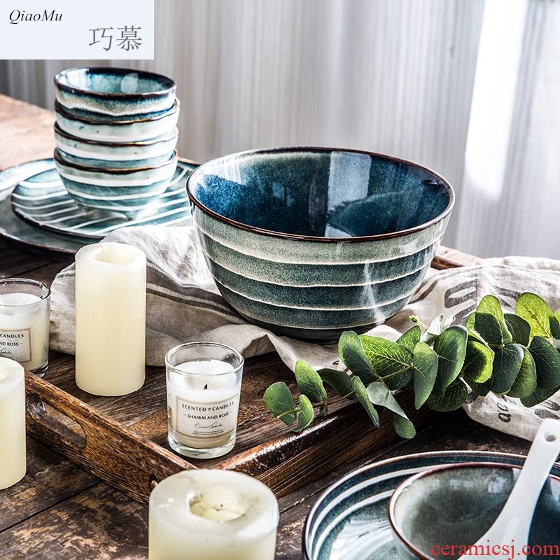Qiam qiao mu Japanese household porcelain bowl suit ins web celebrity people contracted creative gifts tableware of indigo naturalis