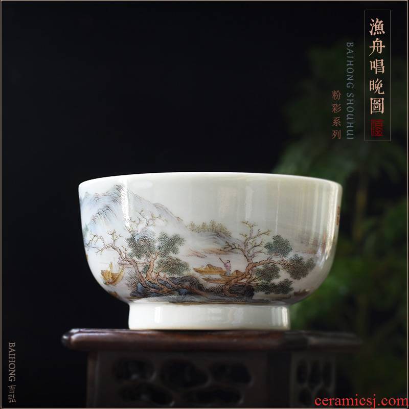 Jingdezhen all hand antique porcelain teacup pastel sing night fishing master cup single CPU hand - made sample tea cup bowl
