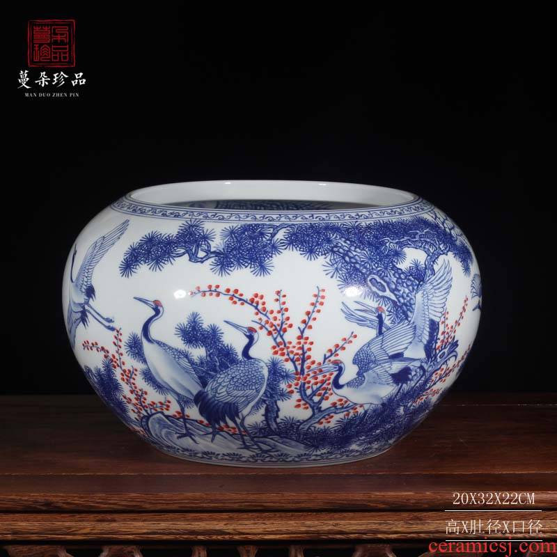 Blue and white double cranes peony writing brush washer from jingdezhen Blue and white porcelain porcelain basin display writing brush washer water shallow small cylinder