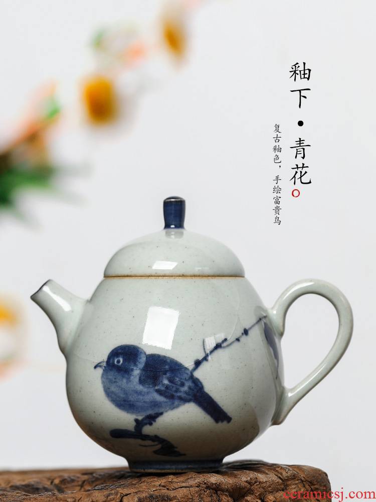 Pure manual jingdezhen blue and white teapot Chinese kungfu tea teapot hand - made riches and honour bird ceramic tea pot single pot