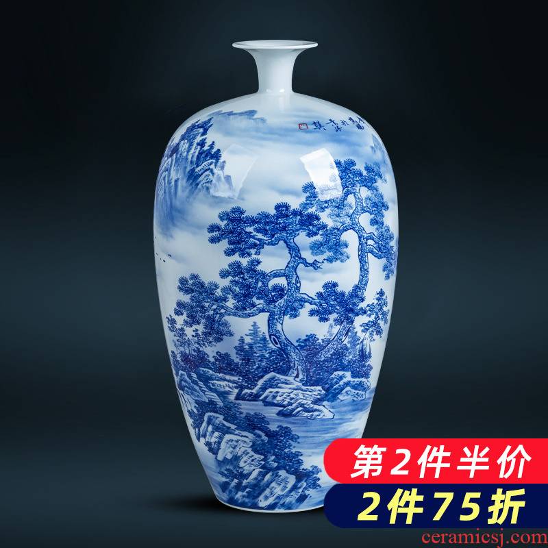 Jingdezhen ceramics hand - made landscape large blue and white porcelain vase sitting room exhibition hall decoration of Chinese style household furnishing articles