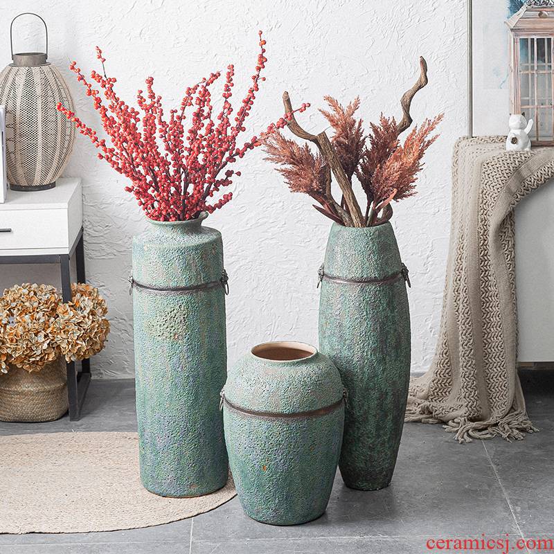 Jingdezhen ceramic vase landing Chinese style restoring ancient ways bronze dried flower flower arranging decorative furnishing articles pottery large living room