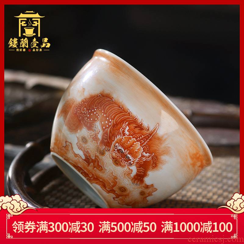 All hand - made alum red lucky the mythical wild animal and cylinder cup of jingdezhen ceramics kung fu tea, large single CPU master cup cups