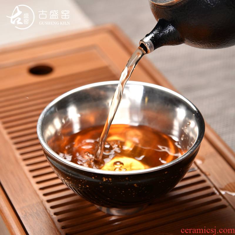 Ancient sheng up new gift box coppering. As silver sample tea cup single cup pure manual and gold leaf master cup agate glaze ceramic cups