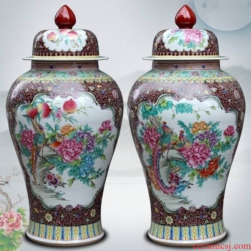 Jingdezhen ceramic general tank hand - made pastel phoenix peony figure of large vases, sitting room of Chinese style household furnishing articles