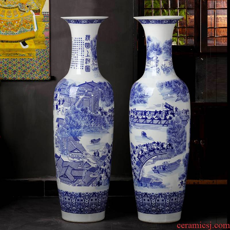 Blue and white porcelain of jingdezhen ceramics qingming scroll of large vases, Chinese style living room TV cabinet decorative furnishing articles