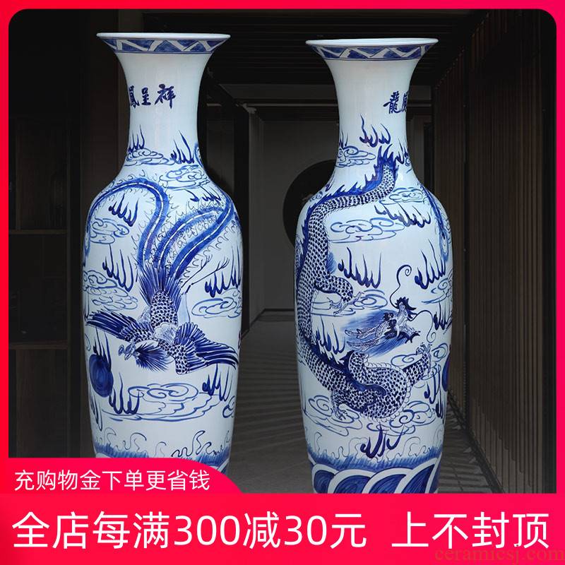 Hand made blue and white longfeng big vase vase of porcelain of jingdezhen ceramics of large sitting room adornment hotel furnishing articles