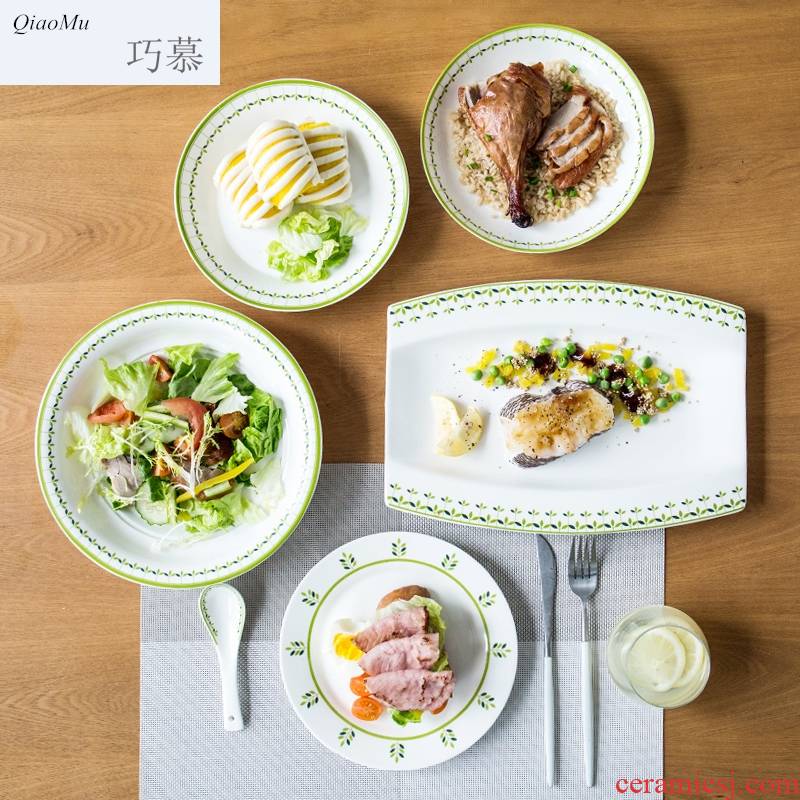 Qiam qiao mu creative Chinese tableware ceramics plate flat tray plates steak household food dish dish of green