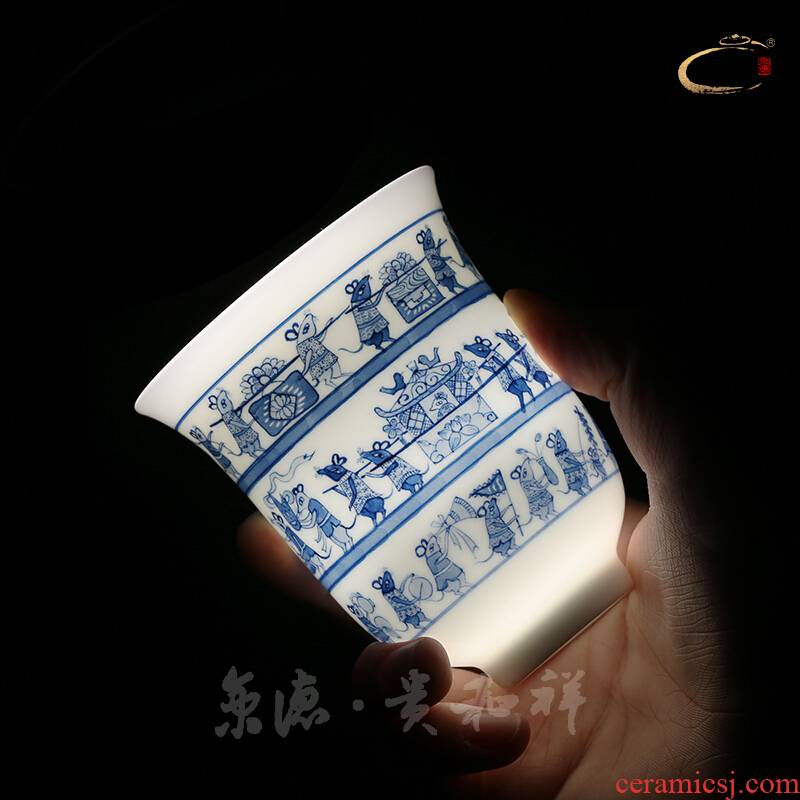 Jingdezhen blue and white mice and auspicious pure manual master cup cup cup single CPU hand - made ceramic kungfu Mary a big cup