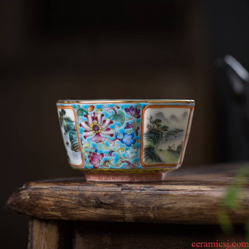 The Owl up jingdezhen heavy colored enamel landscape tea spring, summer, autumn and winter when the six - party master sample tea cup kung fu tea cups