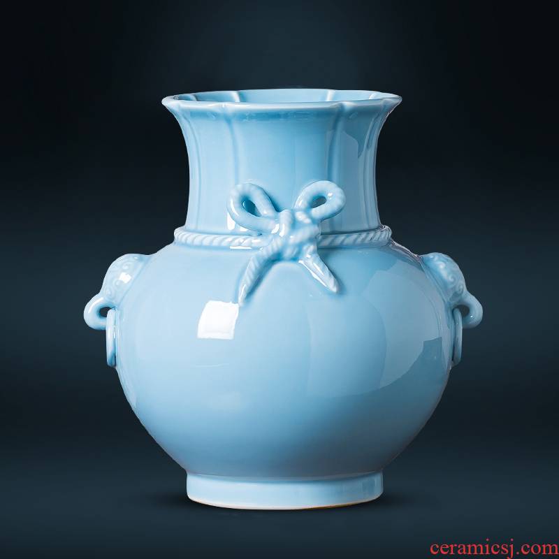 Jingdezhen ceramics azure glaze antique vase carved Chinese style restoring ancient ways home wine sitting room adornment is placed