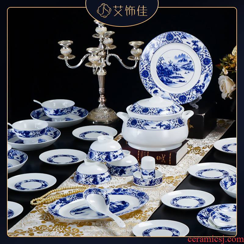 Jingdezhen blue and white porcelain and 56 skull porcelain tableware home dishes suit Chinese high - grade housewarming gift company
