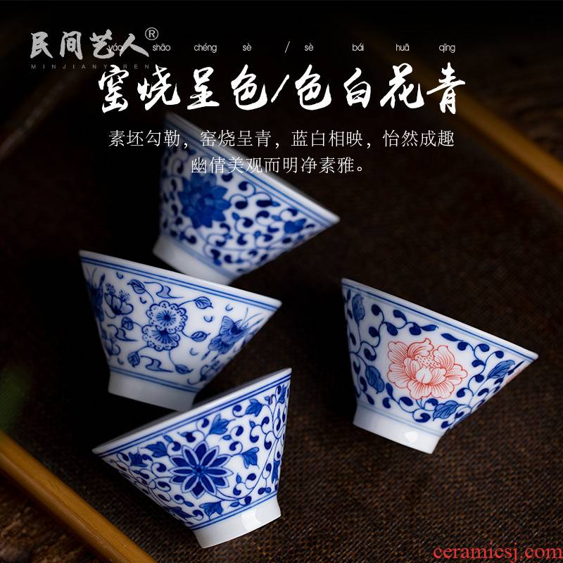 Hand - made hats of jingdezhen ceramic kung fu tea set of blue and white porcelain teacup master cup large white porcelain sample tea cup