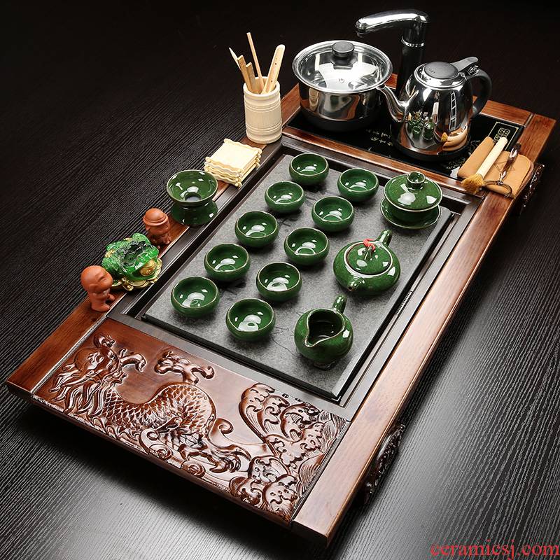 Hui shi kung fu purple sand tea set ceramic contracted household solid wood tea tray of a complete set of induction cooker four unity