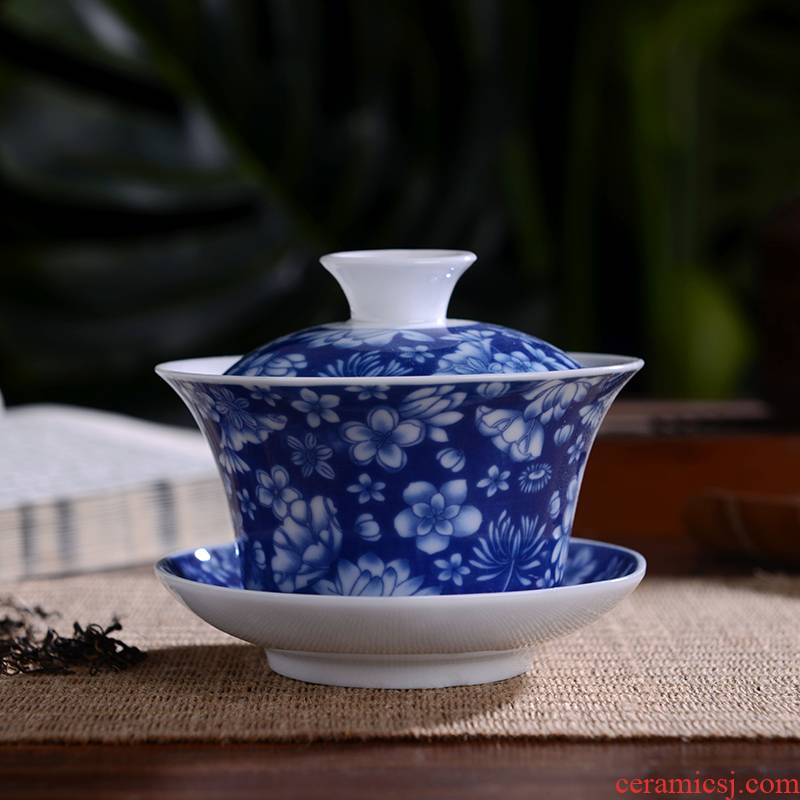 Only three bowl of tea tea set large jingdezhen blue and white porcelain tureen checking ceramic kung fu tea set to use