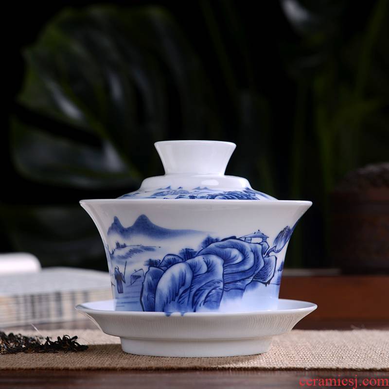 Jingdezhen blue and white porcelain kung fu tea tea bowl three only bowl of tea large manual of ceramic bowl