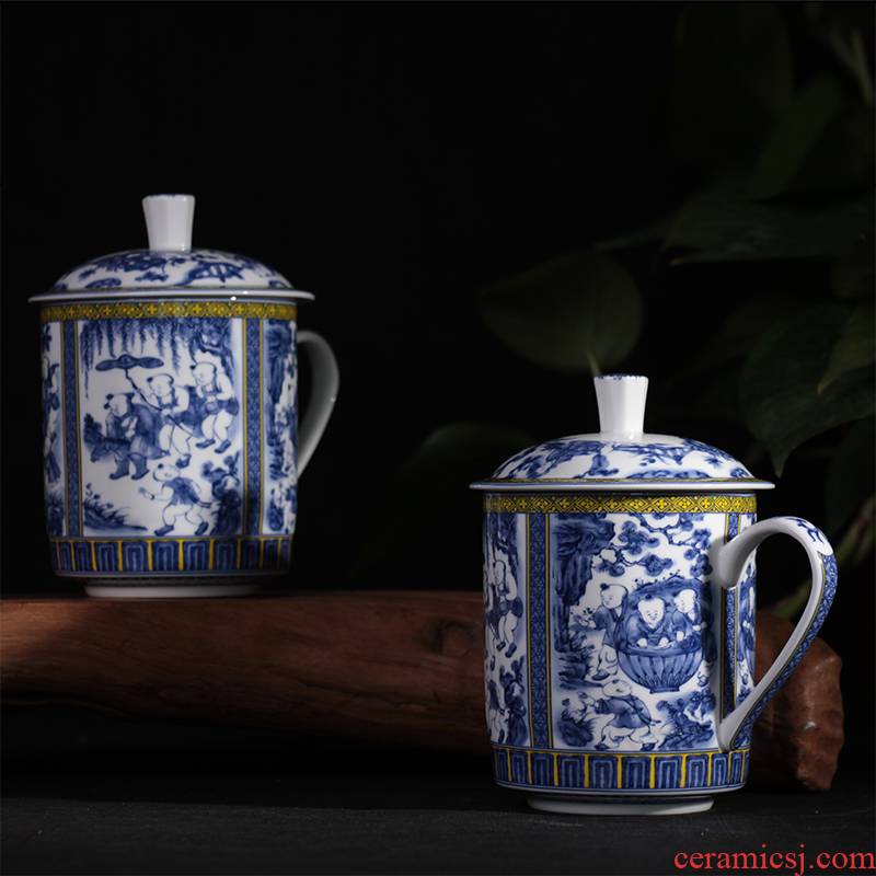 Jingdezhen ceramic cups with cover ipads porcelain cup blue boy glass office gift cup cup, the cup single CPU