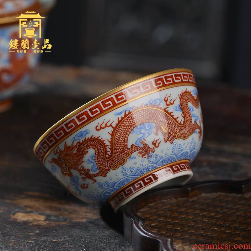 Jingdezhen ceramic hand - made alum red paint dragon playing bead masters cup kung fu tea cup tea cup bowl