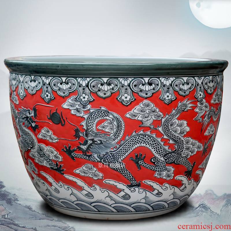 Jingdezhen ceramics carved dragon aquarium red glaze same tank as the tortoise bowl lotus lotus cylinder the yard furnishing articles
