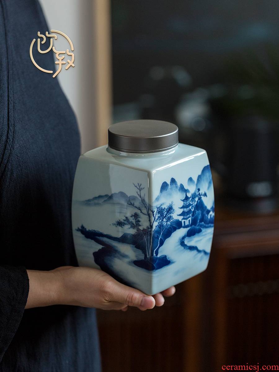 Ultimately responds to hand - made ceramic deposit receives large blue and white porcelain tea pot storage tank jar archaize ceramic seal tea warehouse