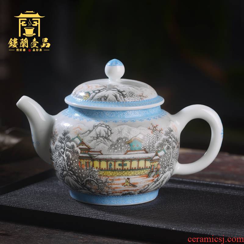 Jingdezhen ceramic whole drawing landscape expression teapot side powder color ink and kung fu tea tea, household single pot