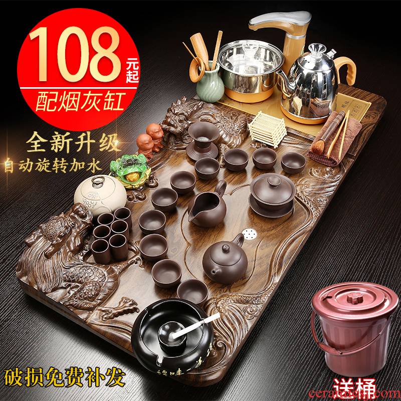 Hui shi kung fu tea set tea tray was solid wood household automatic contracted sitting room office ceramic teapot