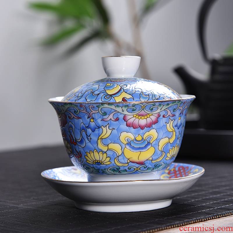 Hui shi colored enamel only three bowls of tureen steak flower tea tureen kung fu tea set of blue and white porcelain ceramic bowl cups
