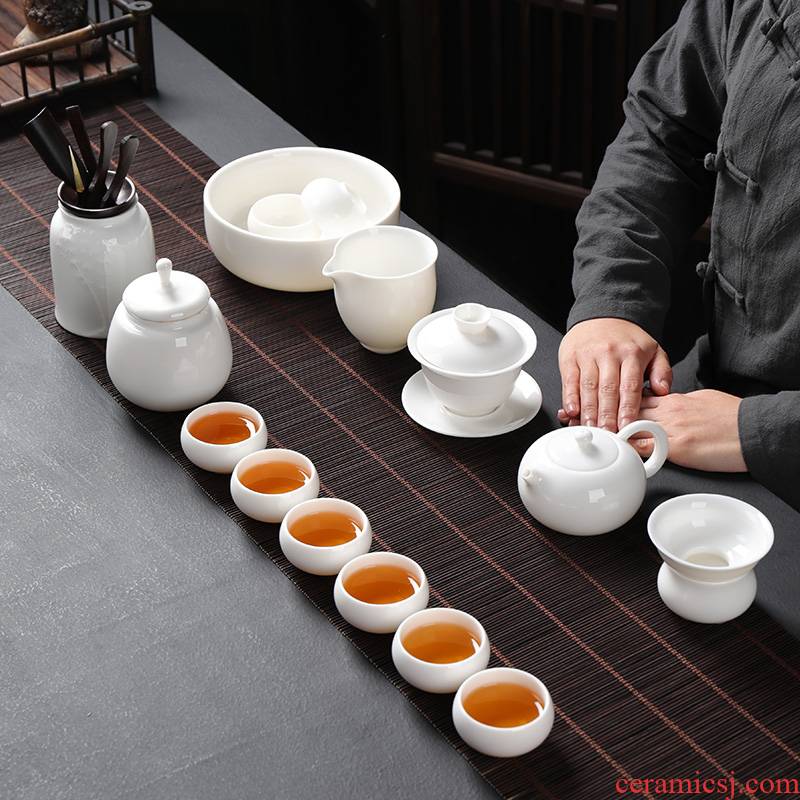 Dehua suet jade porcelain kung fu tea set a complete set of white porcelain tea tea tureen teapot teacup household ceramics