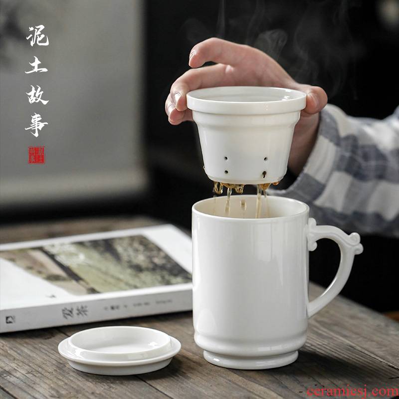 Dehua white porcelain cup by hand with cover cup of Chinese tea mugs ceramic personal working meeting of tea cups