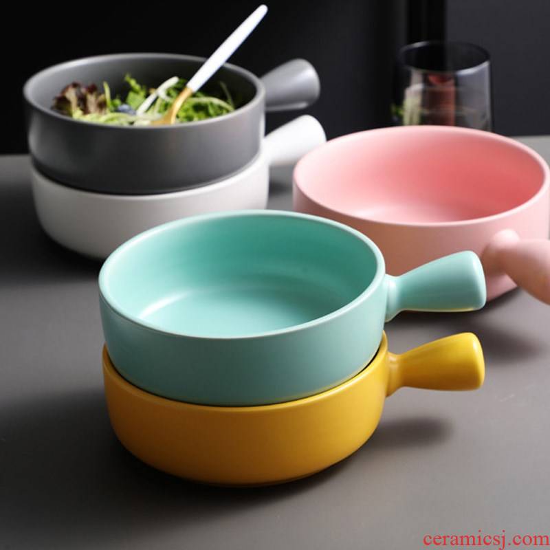 Nordic take ceramic pan household single handle cheese paella special circular plate oven roasted bowl with the handle