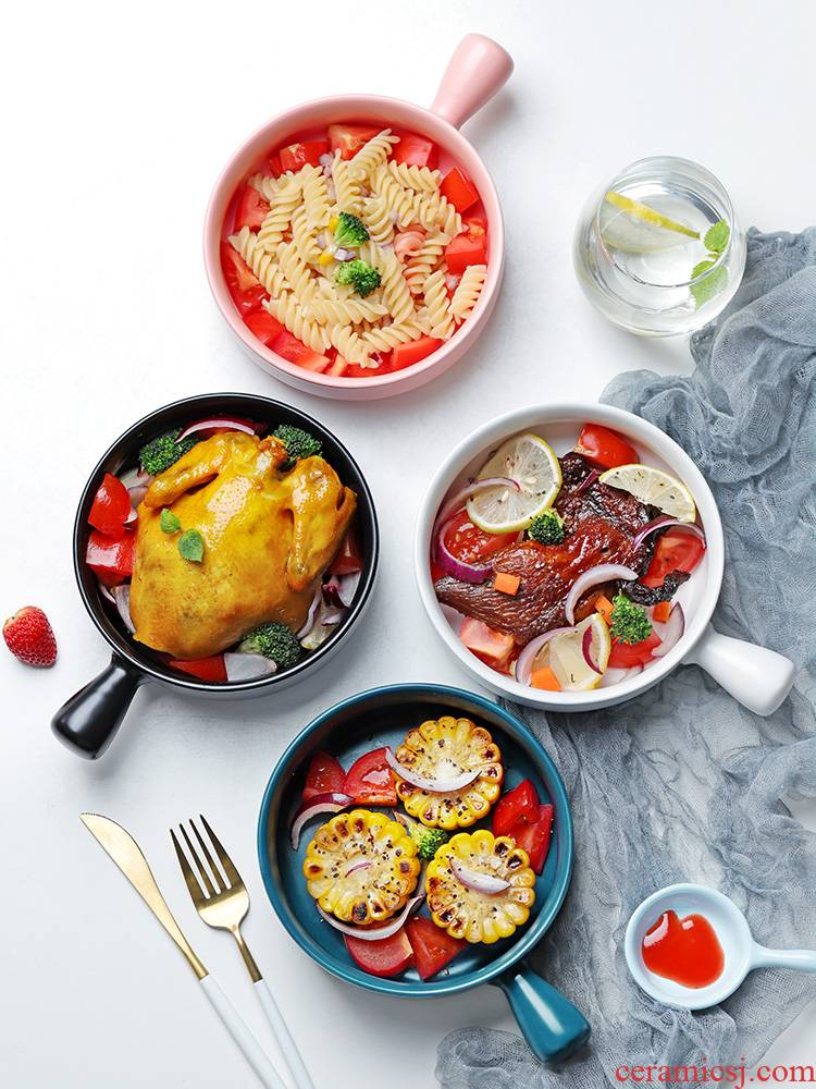 With the handle roasted bowl individual creative move ceramic home baking breakfast bowl of Japanese fruit salad oven baked bread and butter